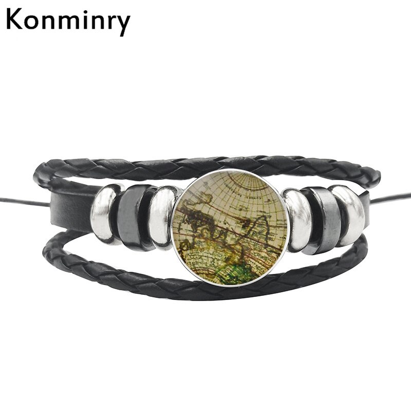 Vintage World Map Globe Leather Rope Bracelet Glass Dome Buttons Africa Bangle For Women Men Jewelry: 4