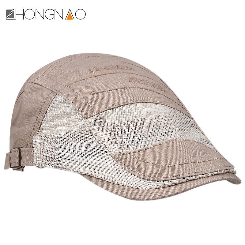 men's hat golf hat newsboy flat cap cotton hat summer sunscreen breathable mesh cap driving: Khaki