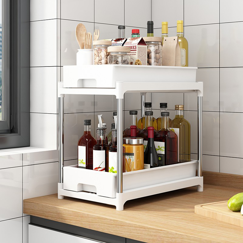 Estante de almacenamiento para encimera de cocina, cajones deslizantes de acero inoxidable, bandeja de armario, caja de especias, organizador debajo del fregadero