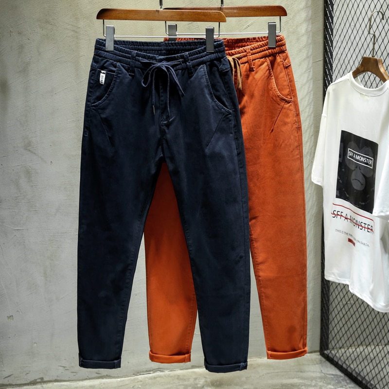 Höst dragsko elastisk midja män harem byxa marinblå orange byxor fötter fritidsbyxa hip hop cargo byxor streetwear