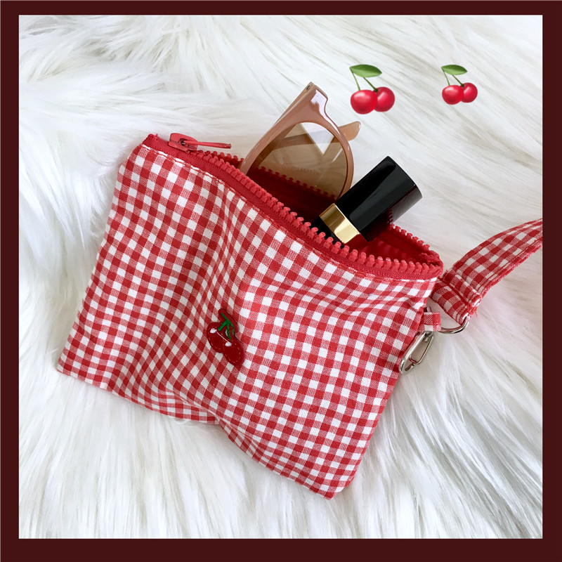 1 pc ins kirsebærrød plaid makeup læbestift taske unge piger sød clutch make up håndleds taske til kvinder rejse kosmetik taske