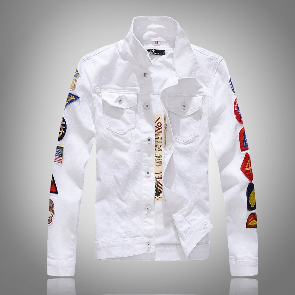 Streetwear punk stil herre jakke hvid grøn farve patches splejset hip hop denim jakke herre bomber jakker frakke homme: Hvid / 5xl
