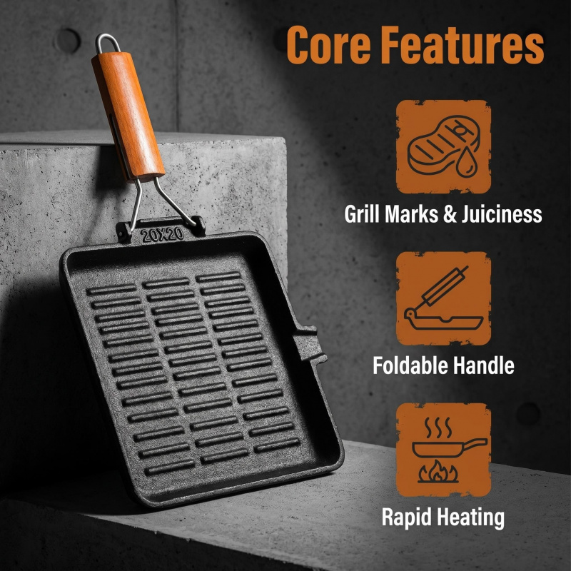 Square and round grilling pans for induction cookers, universal use Cast iron skillet Foldable wooden handle Striped Noodle Sou