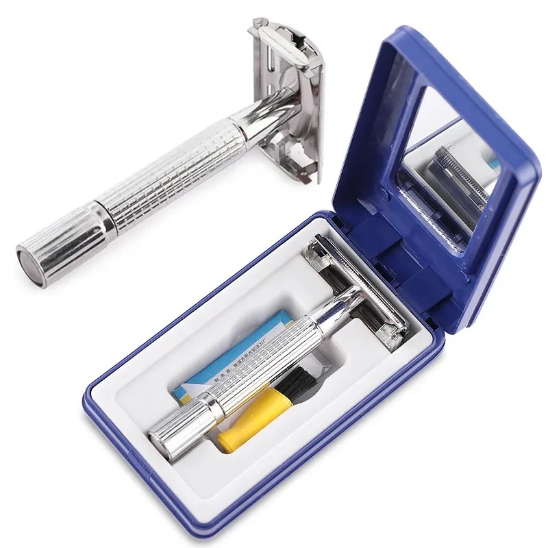 Juego de afeitadora de pelo y barba de doble filo, afeitadora de barba clásica tradicional para hombre, maquinilla de afeitar de seguridad para accesorios de estilismo de peluquero: Oro