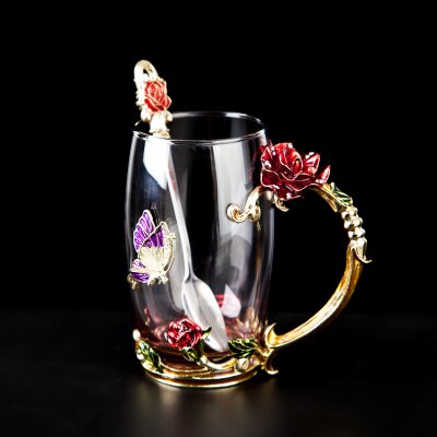 Rød rose emalje krystal kop blomst te glas høj kvalitet glas vand kop blomst krus med håndtag perfekt til elsker bryllup: Se diagram