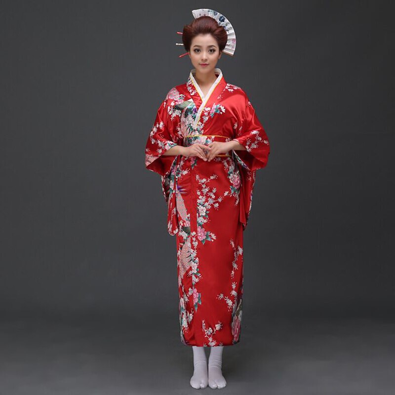 Rode Vintage Japanse Dames Kimono Bad Gown Vrouwen Faux Zijde Yukata Met Obi Prestaties Dans Jurk Cosplay Kleding H0029