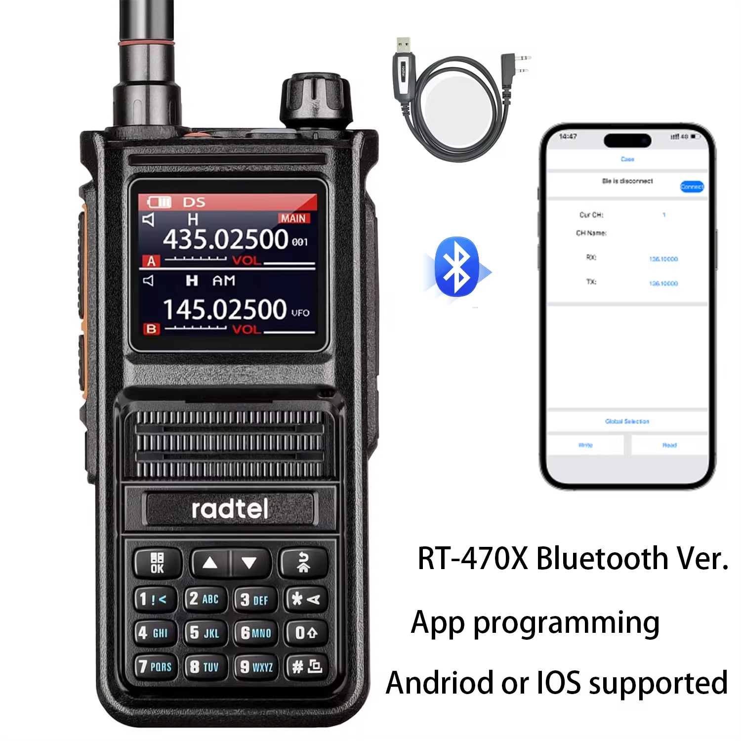 Radtel RT-470X Plus Bluetooth Ham Walkie-Talkies 256CH Air Band Dwukierunkowa stacja radiowa Lotnictwo NOAA Police Marine Transceiver: Black / EURO