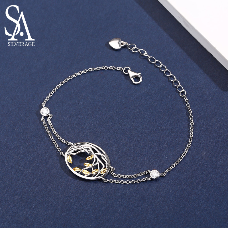 SA SILVERAGE 925 Sterling Silver Bracelets Bangles for Women Yellow Gold Color Life Tree 925 Silver Chain Link Bracelets Female