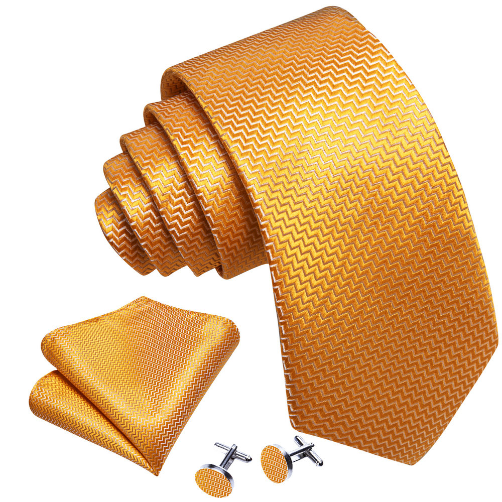 Classic Gold Silk Men Necktie Stripe Handkerchief Cufflinks Set Wedding Male Ties Business Party Barry.Wang