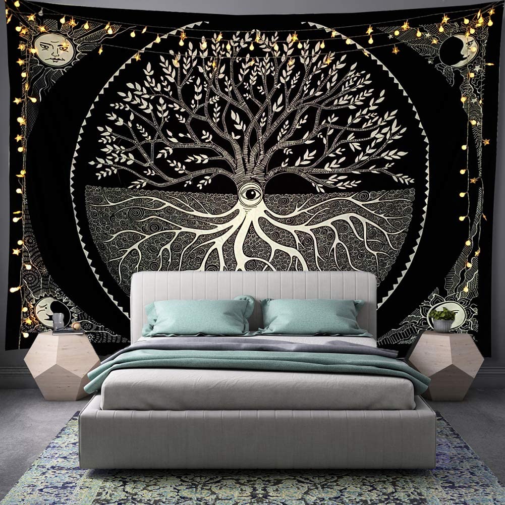 Soleil lune étoile noir et blanc arbre tenture murale Mandala bohême ascendance maison décoration couverture pour chambre salon