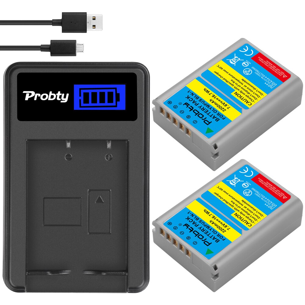 Batería de repuesto de 2200mAh BLN-1 BLN 1 PSBLN1 PS-BLN1 PS BLN-1, Cargador USB LCD de un solo canal para Olympus E-M5, OM-D E: 2BatteryWithCharger