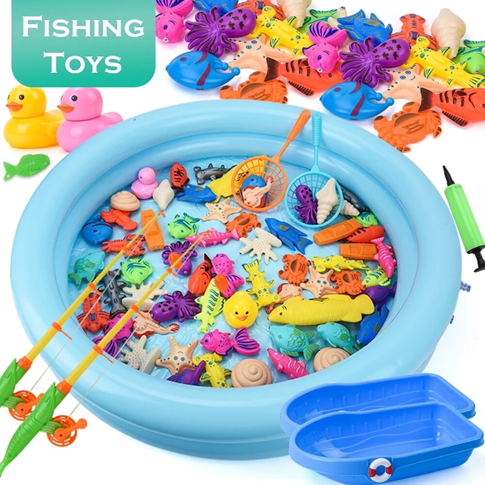 Juego de pesca con imanes para niños, juguetes de agua con imán de piscina inflable, caña de pescar, 15-68 piezas