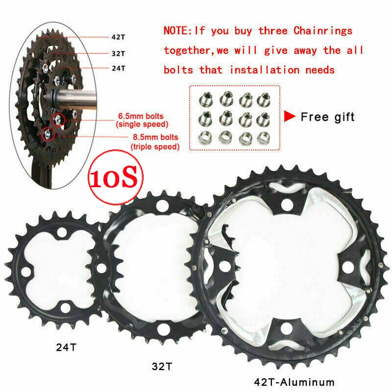Plato de bicicleta 104BCD 64BCD 22/24/26/32/38/42/44T, plato de bicicleta de 9/10 velocidades para platos y bielas de doble/triple velocidad: 10S 24-32-42T Al