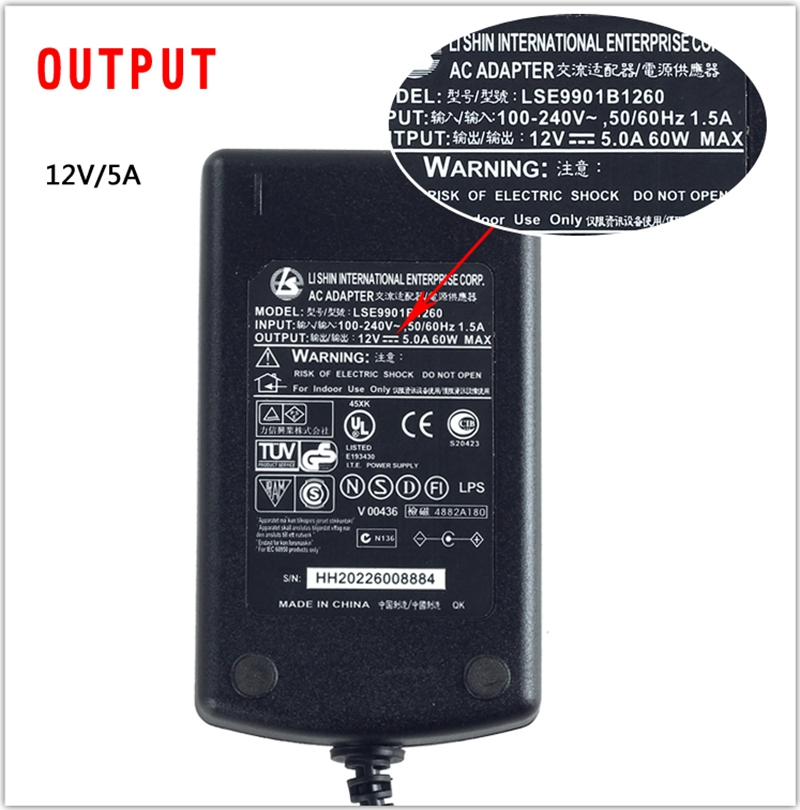 Original LS LI SHIN 12V5A AC DC Adapter Charger LSE9901B1260 12V 5A 60W LCD Monitor Power Supply Adaptor