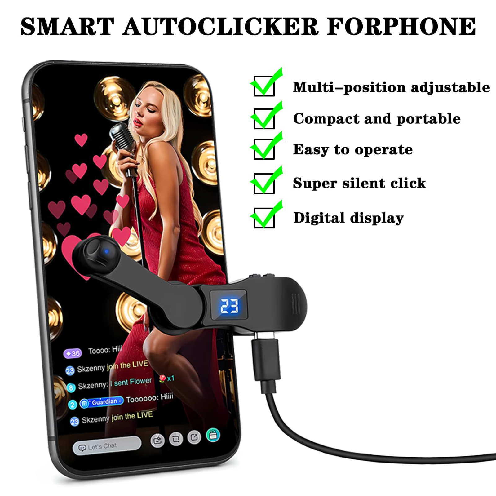 Clic automatico dello schermo per app per telefono, mini clic simulato del dito sul telefono, clip-on, video live, liker, gioco, schermo touch, dispositivo