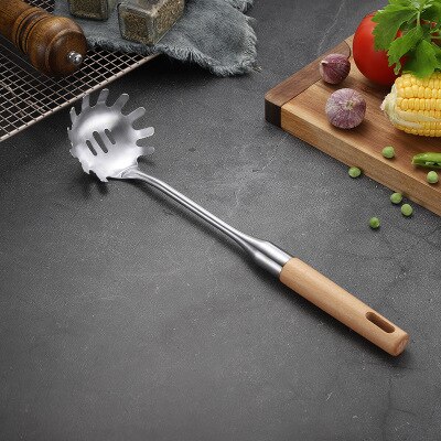 Espátula para utensilios de cocina, cuchara con colador, cucharas para sopa, pala ranurada, utensilios de cocina de acero inoxidable, batería de cocina mango de madera, cocina: NoodleSpoon