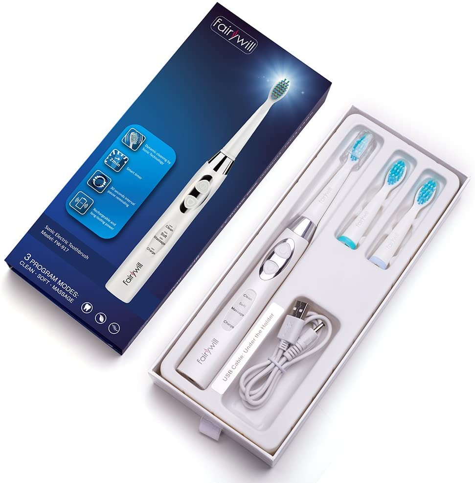 Fairywill Electric Sonic Rechargeable FW-917 Toothbrush USB Fast Charge Waterproof Electronic Tooth Replacement 3 Heads For Adu