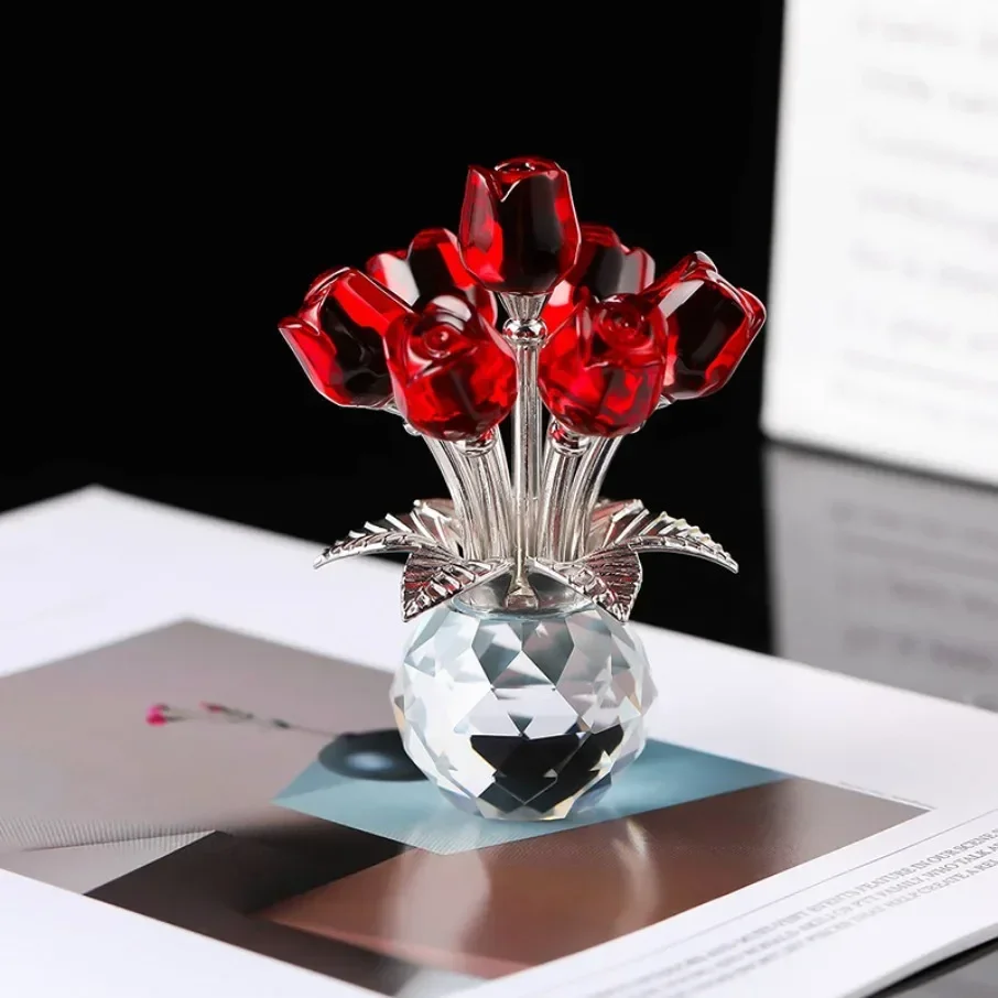 Crystal Red Rose Bouquet with Round Vase Figurines for Women Glass Bouquet Ornament Romantic Table Centerpiece