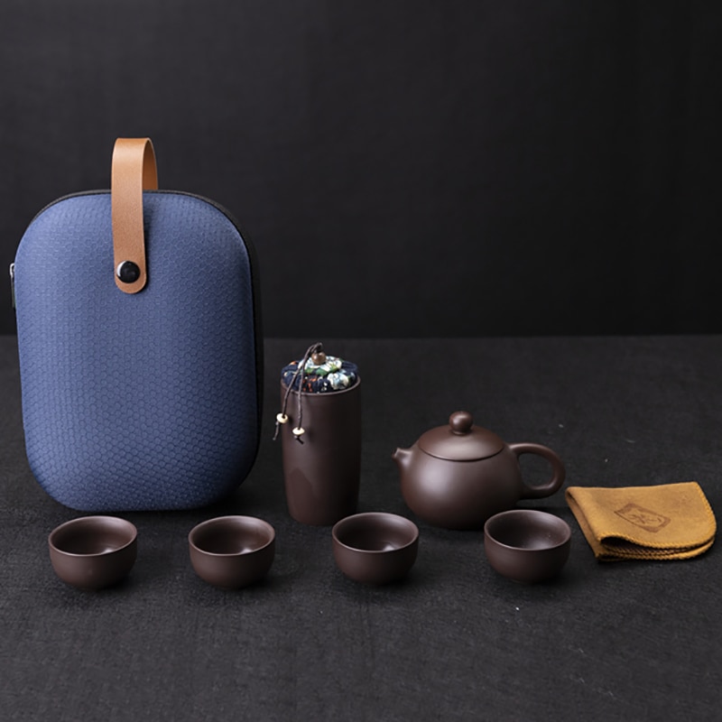 Chinese Ceramic Tea Set Travel Tea Set Portable Purple Clay Teapot Set with Tea Caddy 4 Teacups Mugs Storage Bag Teaware Set