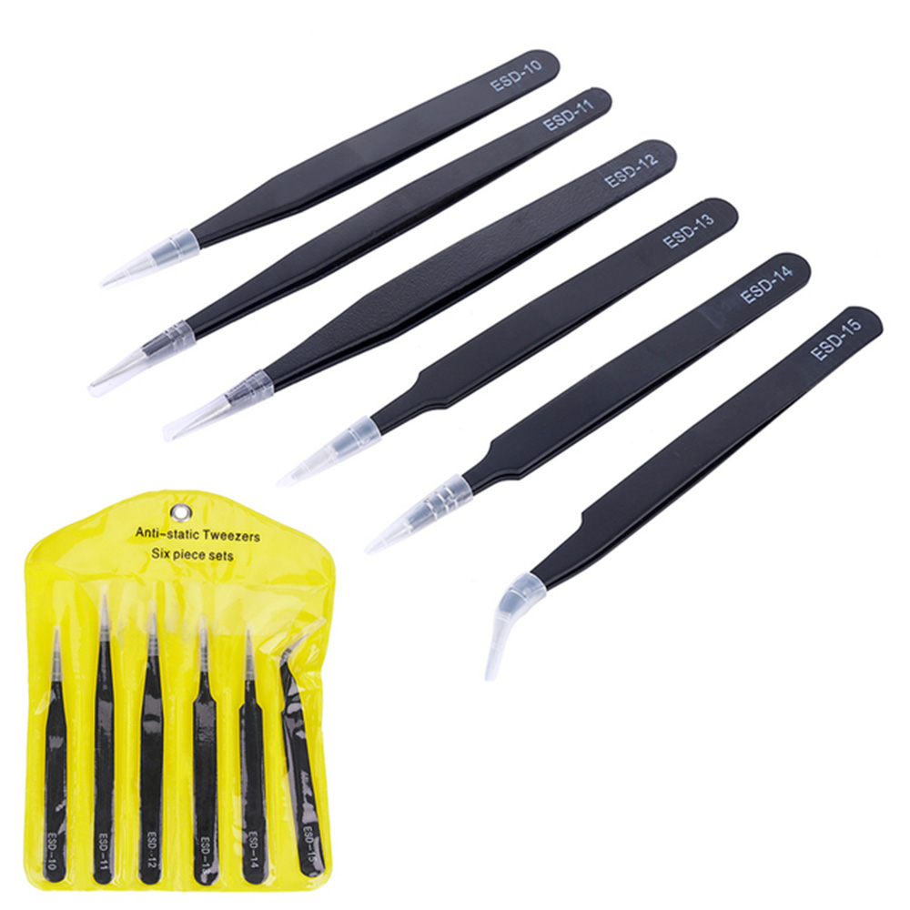 Juego de pinzas de precisión ESD, herramientas de reparación de pinzas antiestáticas de acero inoxidable para reparación electrónica, herramientas artesanales de soldadura, 6 uds.