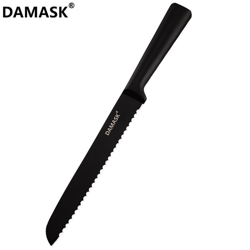Damask sort rustfrit stål køkkenkniv belægning non-stick skarpt blad kokkeknive letvægts håndtag køkkenkniv sæt: 8 tommer brød