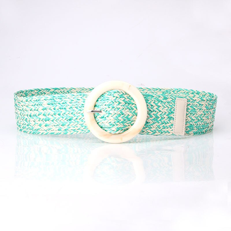 Summer Women Braided Elastic Belt Round Resin Buckle Vintage Bohe Straw Buckle Belt Dress Shirt Dress Belt Female Knitted Belt: green