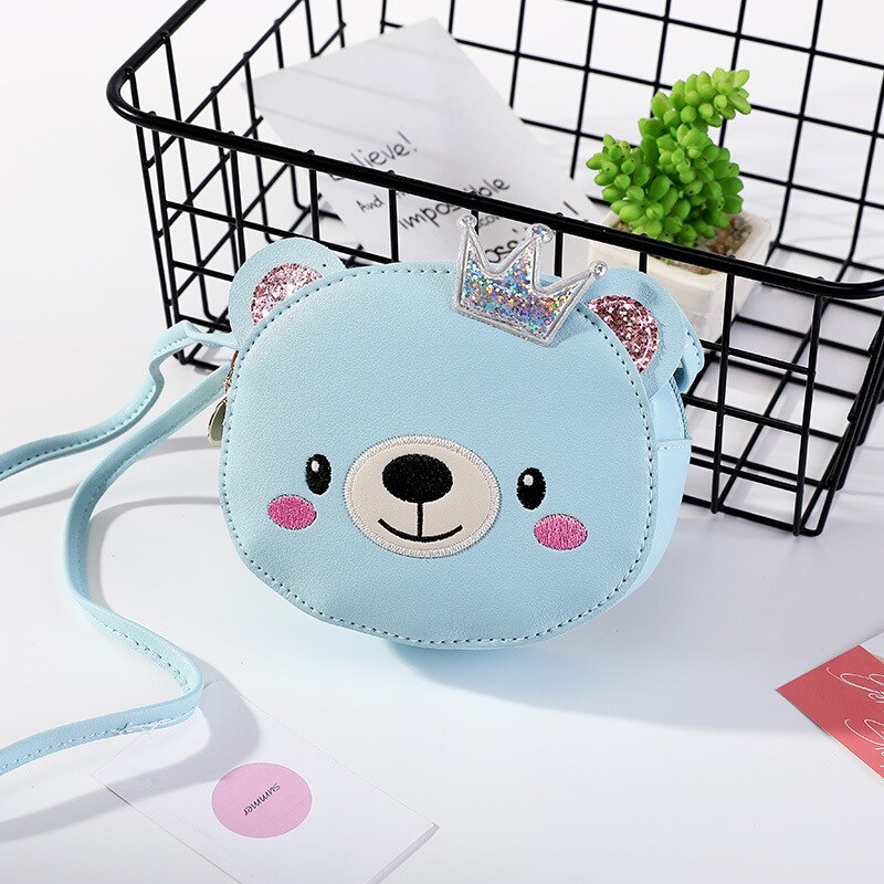 Korean Cute Kids Cat Crossbody Bag Cartoon Baby Girl Toddler Mini PU Messenger Bags Shoulder Bag: Blue bear