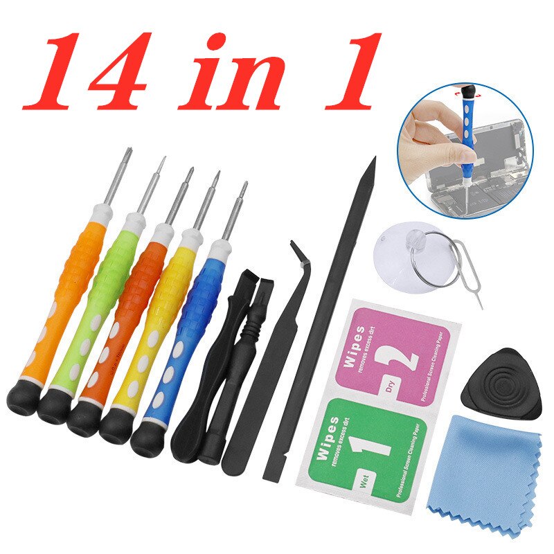 14-in-1 Mobile Phone Repair Tools Kit Mobile Tablets PC Phone Disassemble Kit for Screwdriver Crowbar Tweezers Suction Cup Wipes