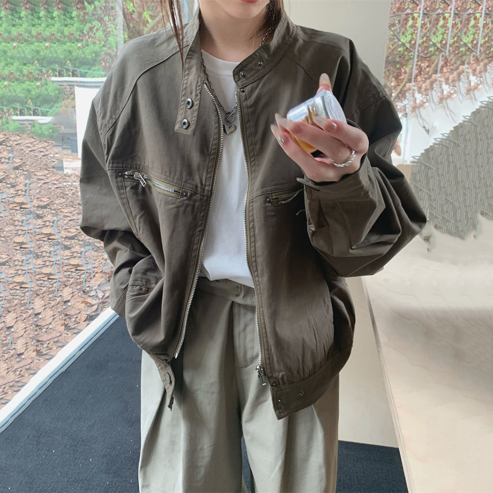 Jahrgang Bomber Jacke Frau Herbst Wind dicht Reiß verschluss bis schicke Mantel Spitzen Knopf Kragen lässig verlieren Langarm Oberbekleidung weiblich: XL / Blau