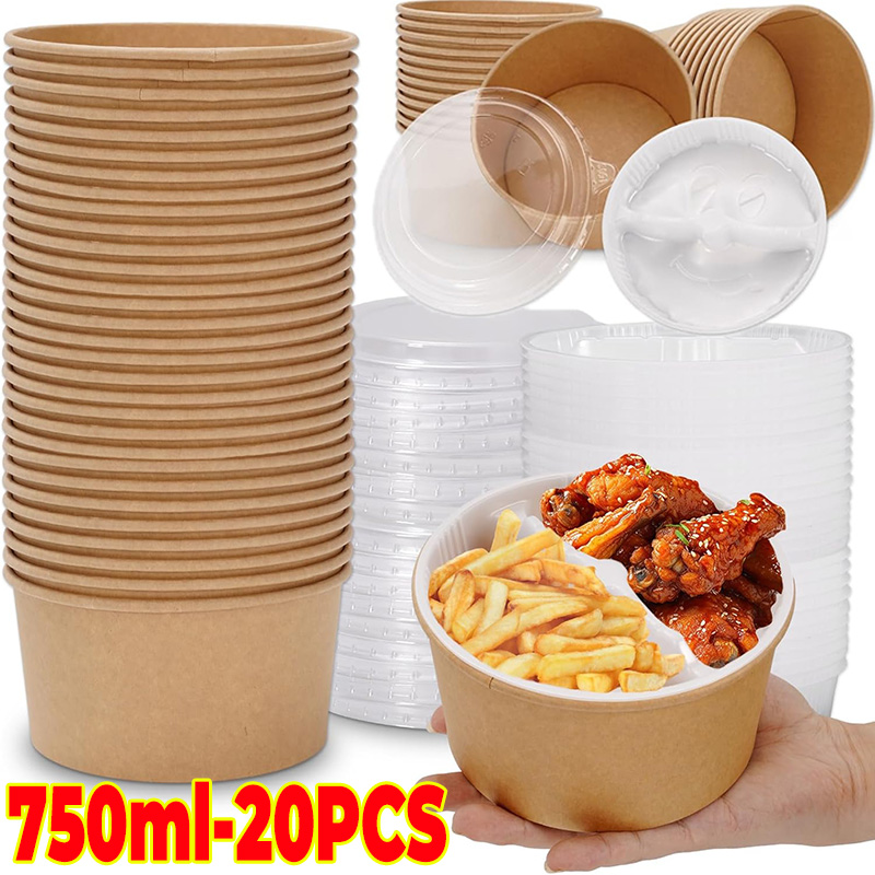 10/20 szt. Jednorazowe pudełka na obiad kraft, pojemniki na owoce i sałatki, szybkie opakowania na jedzenie z pokrywką na imprezy i kemping: BIAŁY