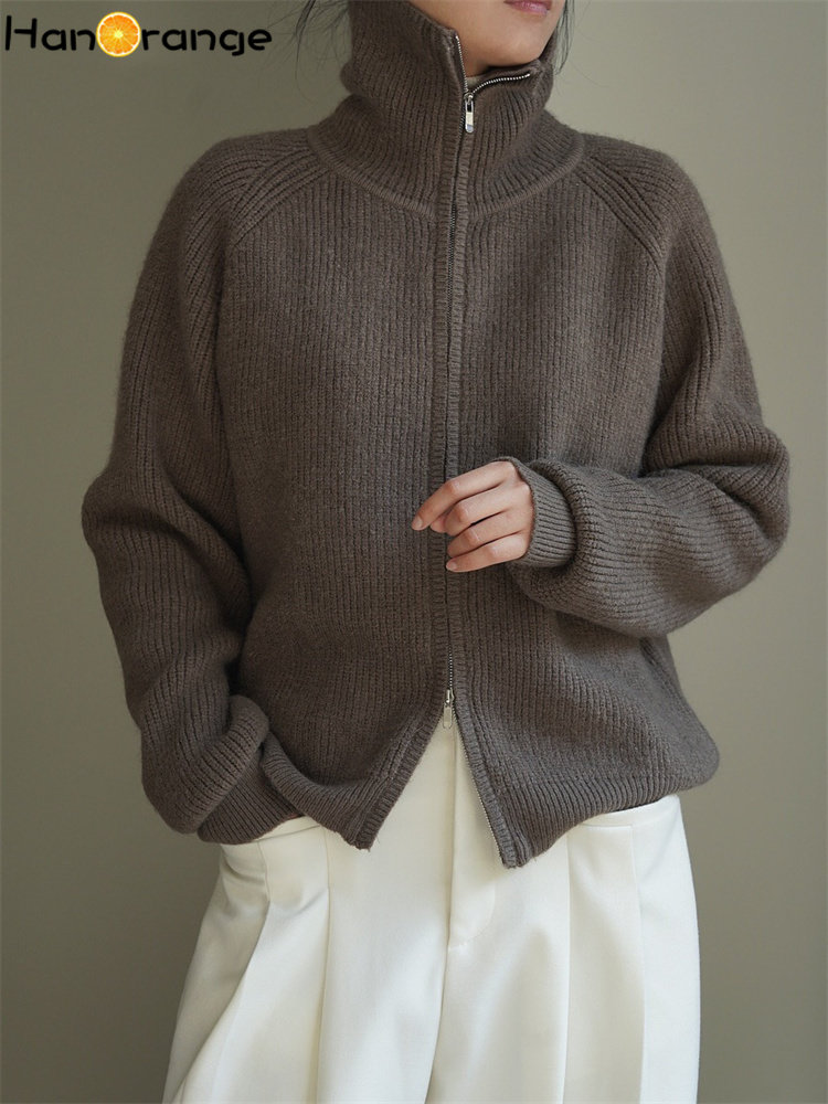 HanOrange 2024 Dolcevita invernale con spalle scoperte Cardigan lavorato a maglia da donna Doppia cerniera maglione allentato femminile bianco/grigio/caffè scuro: Beige