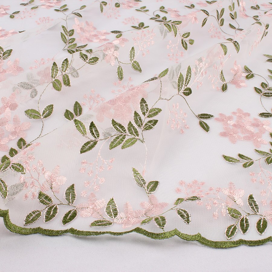 Flower Embroidered Net Yarn Fabric African Wedding Tulle Floral Lace Fabric Diy Craft Patchwork By Yard: No.6 - green leaves