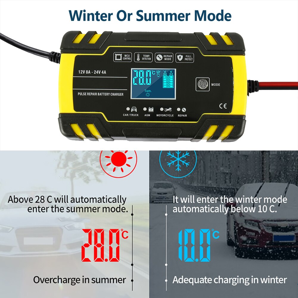 Odomy Auto Batterij Oplader 12-24V Touch Screen Pulse Reparatie Lcd Battery Charger Voor Auto Motorfiets Lood-zuur batterij