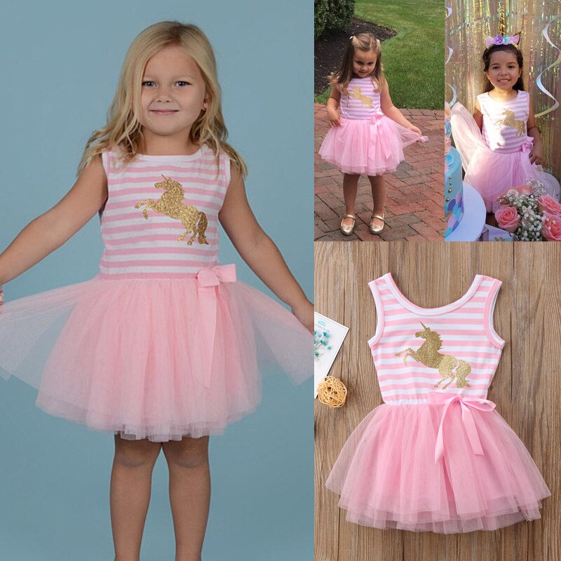 0-5T Pink Baby Girls Dress Cute Unicorn Print Dress For Girls Animal Sleeveless Striped Wedding Party Tutu Dress Girls Clothes