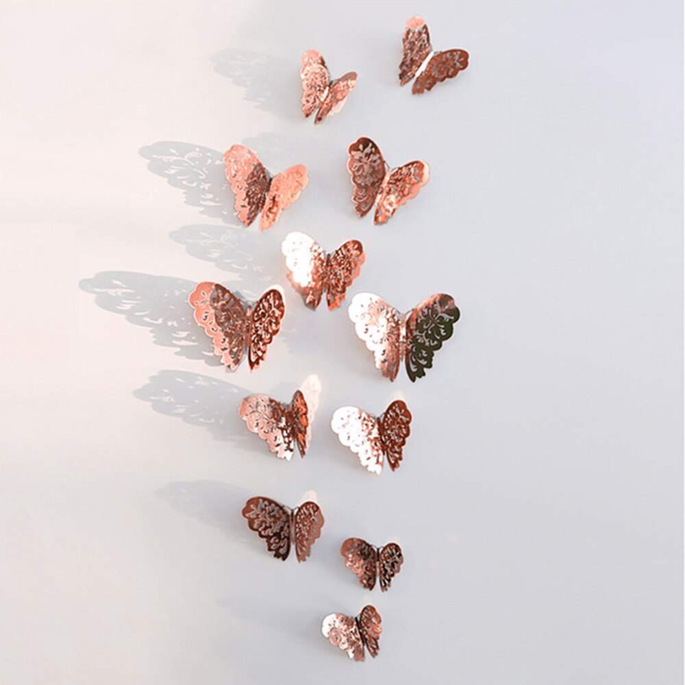 12pcs/set Hollow 3D Butterfly Wall Sticker for Wedding Decoration living room window Home Decor Gold silver Butterflies stickers: Rose gold A