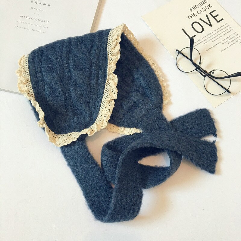 Oreillettes en dentelle pour bébés filles, couvre-oreilles en laine tricoté pour l'hiver, de Style japonais et coréen, mignon et bambins: navy blue