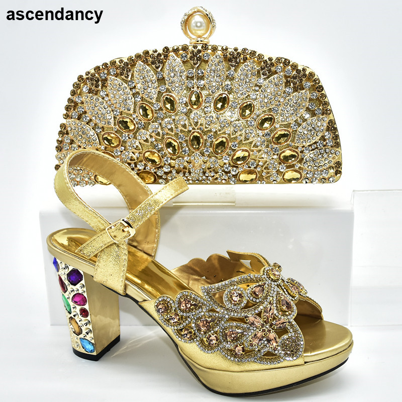 Ladies Italian Shoes and Bag Set Decorated with Rhinestone Women Shoes High Heel Italian Shoes and Bags Matching Set