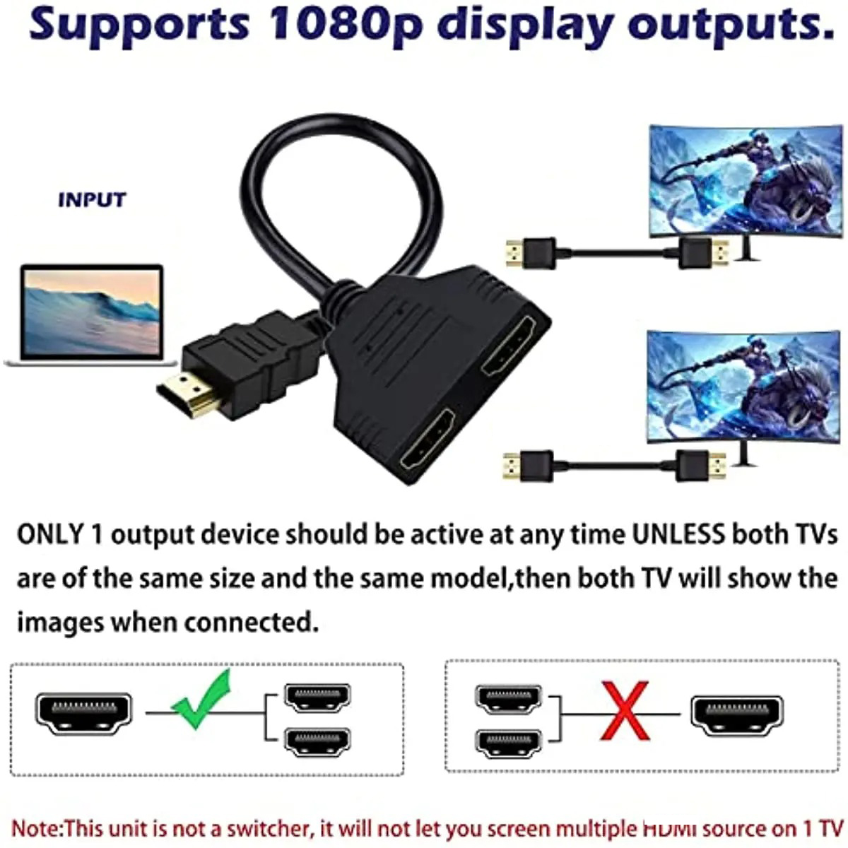 För hdmi-splitteradapterkabel 1 hane till dubbel hdmi-kompatibel 2 -vägs hona 4k 3d y splitterkabel för bärbar tv-skärm 1080p