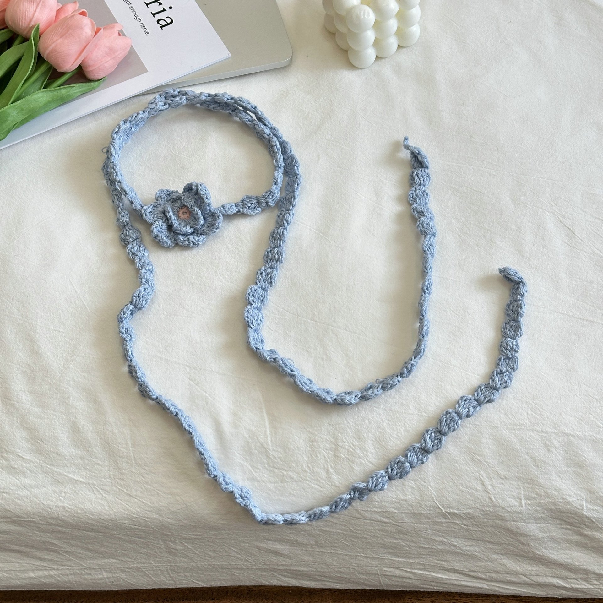 Bufanda fina de flores tejida hecha a mano informal de estilo coreano nueva decoración de forma cóncava femenina bufanda estrecha bufanda larga de estilo de chica: Castaño