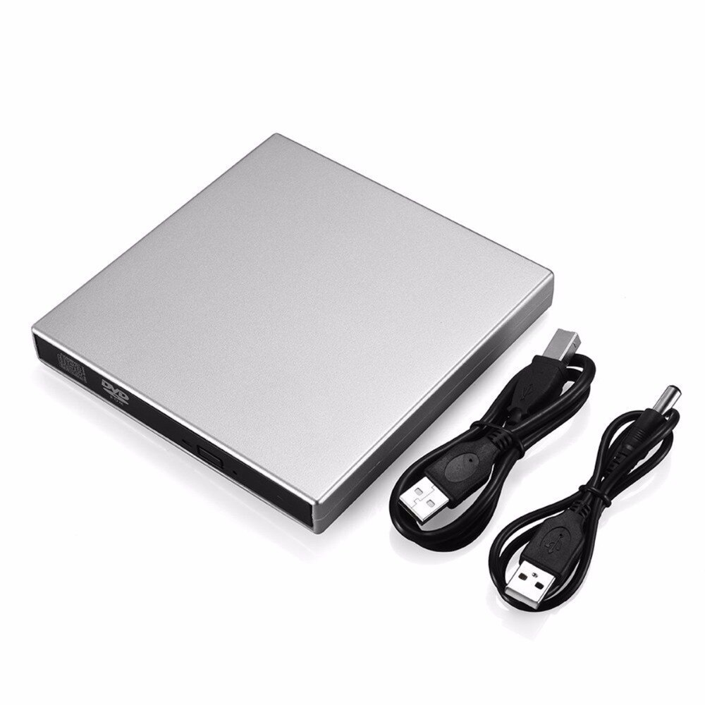 Zilveren dunne usb 2.0 dvd cd externe drive met duurzame kunststof behuizing, brander, lezer, speler, combo, schrijver en recorder voor laptop