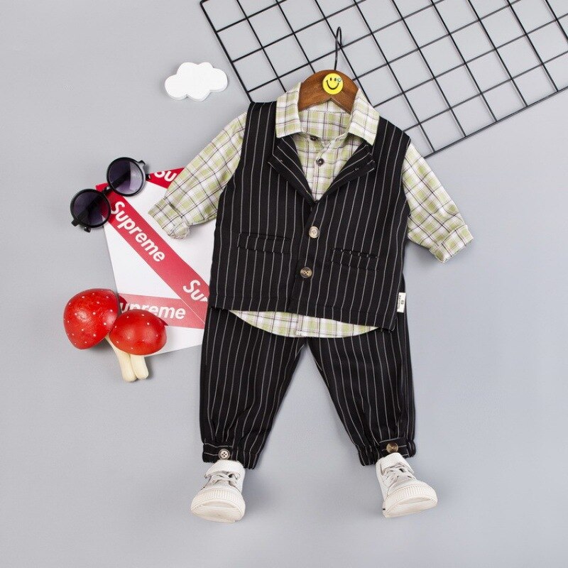 Kinderkleding Sets Herfst Winter Kinderen Jongens Kleding Lange Mouwen Plaid Shirt Vest Gestreepte Broek Gentleman Jongens Pakken: Black / 110cm