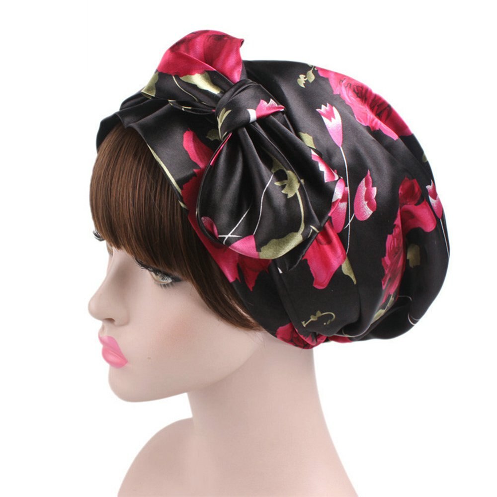 Vrouwen Zachte Zijde Satijn Motorkap Salon Bonnet Beanie Night Haar Hoed voor Natuurlijke Krullend Haar Nachtrust Cap Vlechten Head cover Wrap: Black flower