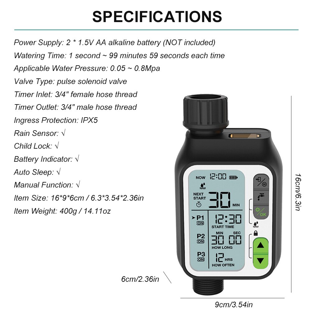 Electronic Irrigation Regulator Automatic Irrigation Timer LCD Screen Waterproof Sprinkler Controller 3 Separate Timing Programs