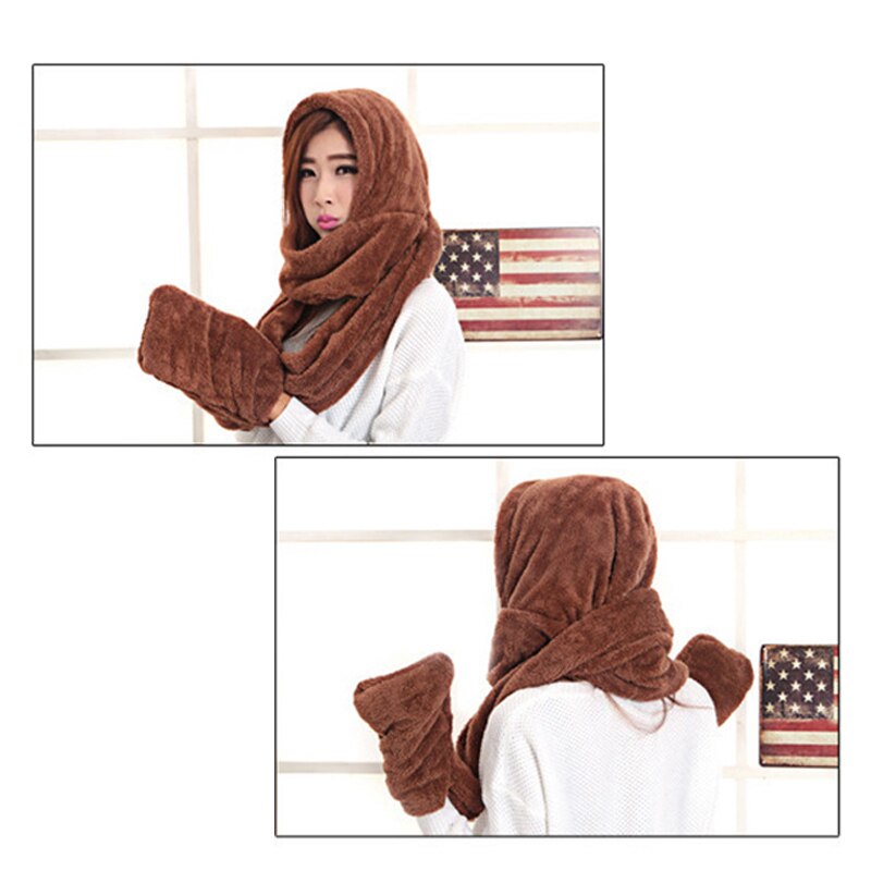 3 in 1 Women Warm Hood Scarf Snood Pocket Gloves Hat Comfortable Warm for Winter Outdoor Sets-B5: Coffee