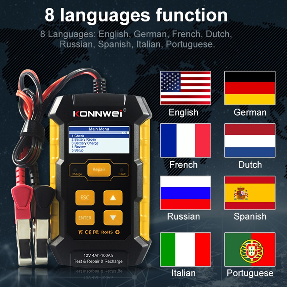 KONNWEI-cargador y probador de batería de coche KW510, 12V, 6A, totalmente automático, reparación de pulso de potencia, pantalla LCD Digital