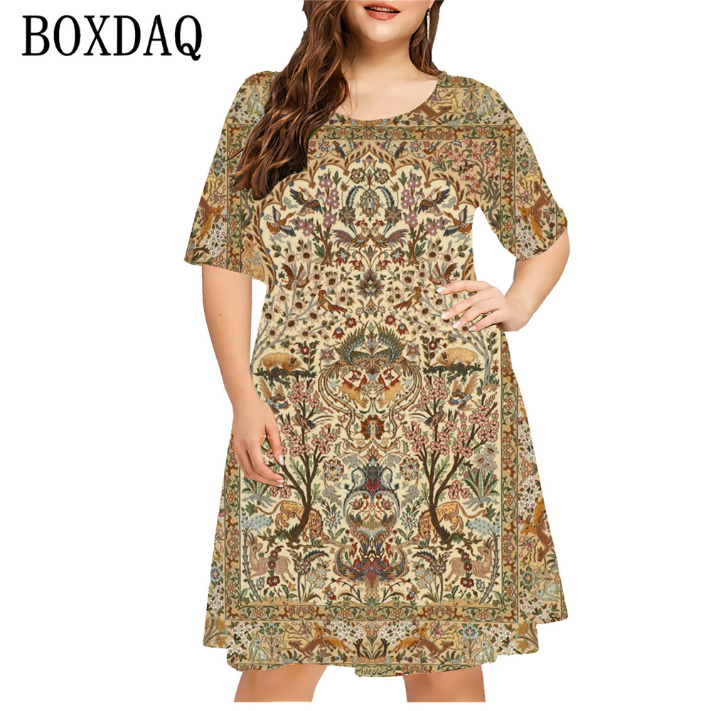 Vestido estampado em 3D com estilo étnico feminino, plus size, casual, manga curta, solto, linha A, verão, vintage, senhoras, tamanhos grandes, 6XL: 6XL / Bege