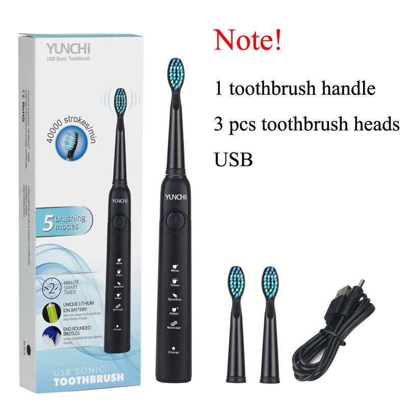 Sonic Electric Toothbrush Brand Teeth Whitening Replacement Brush Heads USB Recharging Tooth Brush Dental Teeth Cleaner White: black toothbrush YC