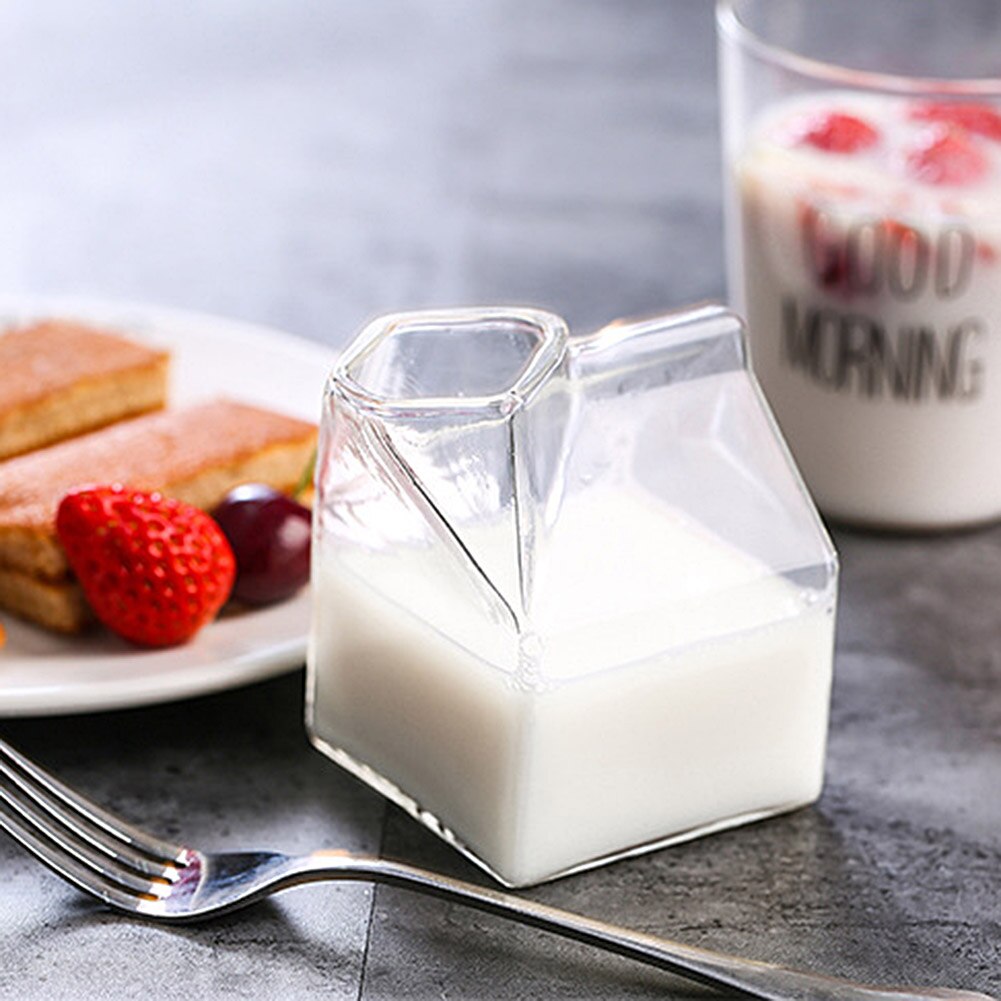 Milk Box Shaped Cup Glass Milk Carton Container Transparent Irregular Drink cup