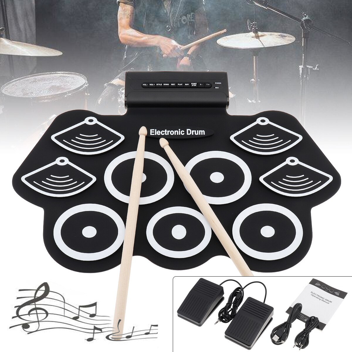 9 Pads Usb Dc 5V Elektronische Roll Up Thicken Silicone Drum Elektrische Drum Kit Met Drumsticks En Sustainpedaal