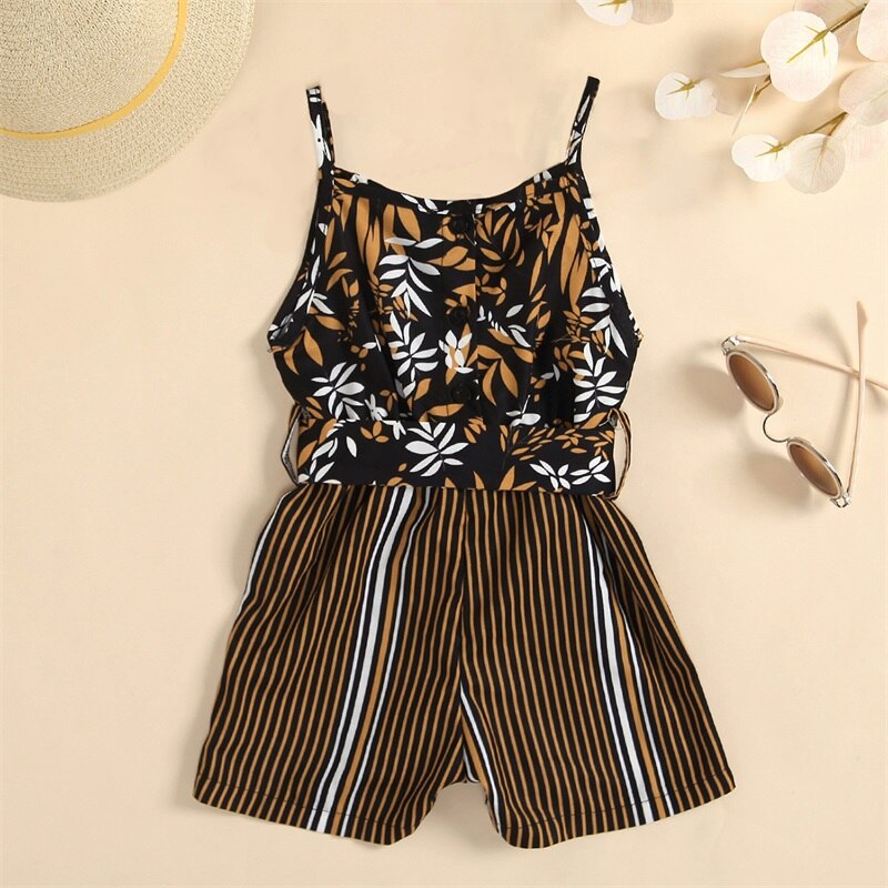 Sommer Strampler Für Kleinkind Baby Mädchen Streifen Blumendruck-isolationsschlauchbüGel Jumpsuist mit Taille Gürtel Kleinkind Outwear 2-7 jahre